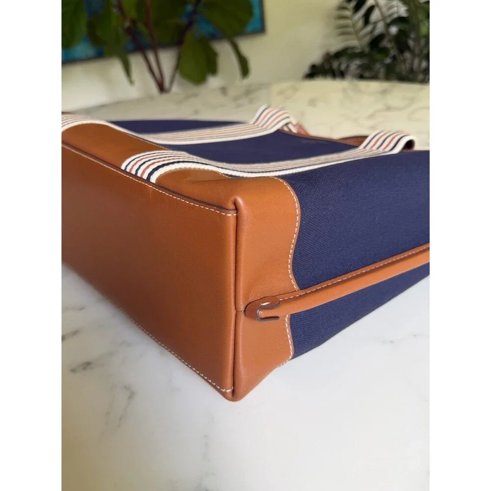 Tory Burch Perry Navy Multi Stripe Canvas Leather Triple Compartment Tote